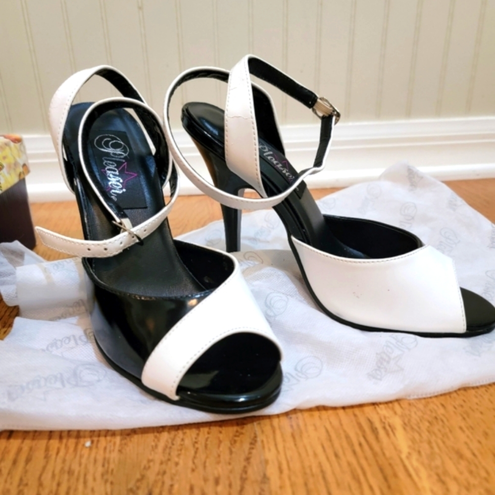 Pleaser black/white heels size 7 with box and bags